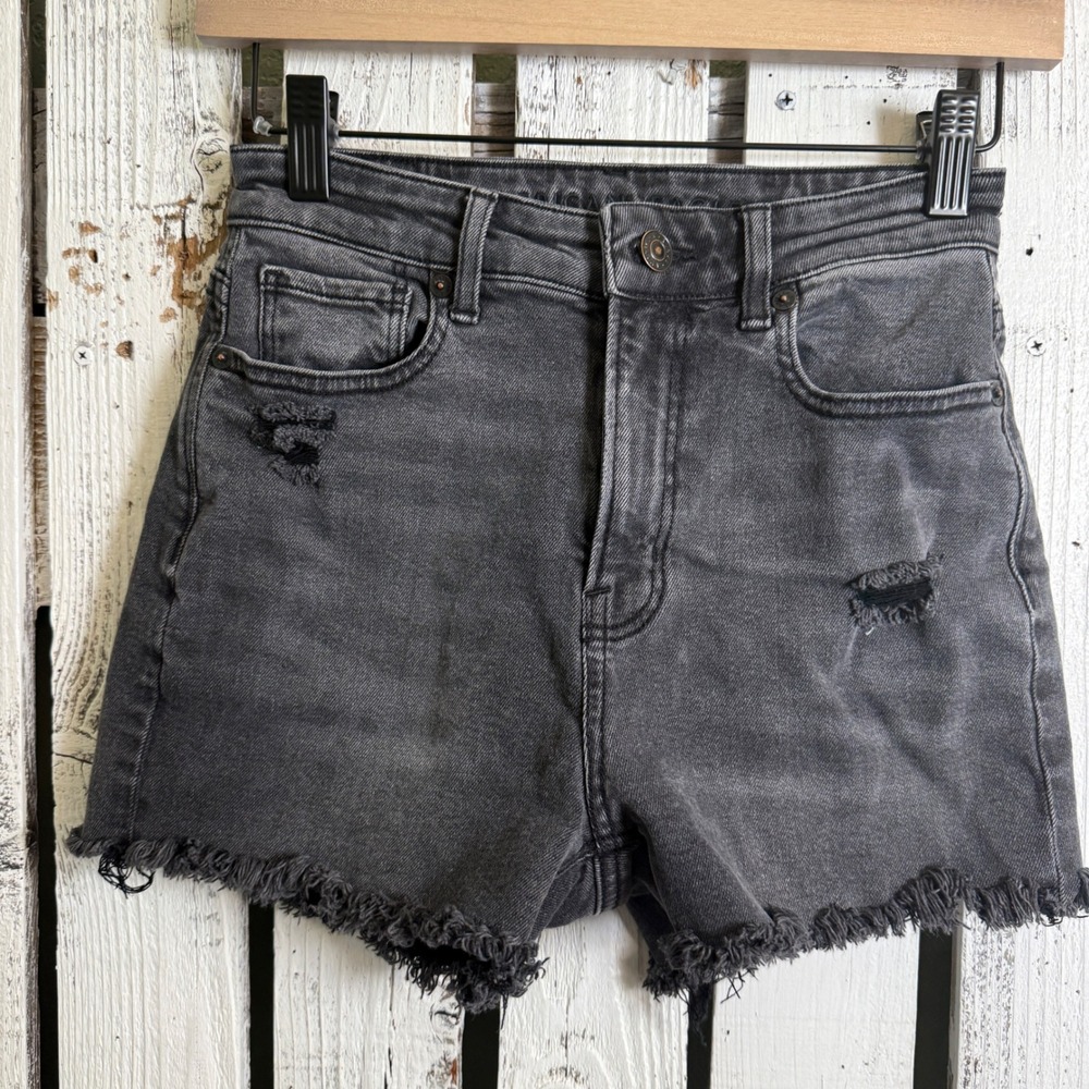 American Eagle Denim Shorts Womens Size 00 Black Distressed Fray Hem Grunge Boho